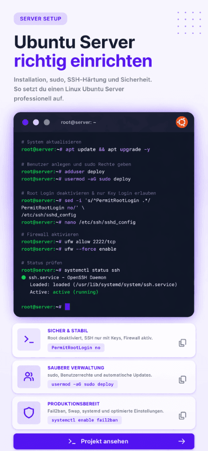 Mobile Ansicht der Ubuntu Server Einrichtung