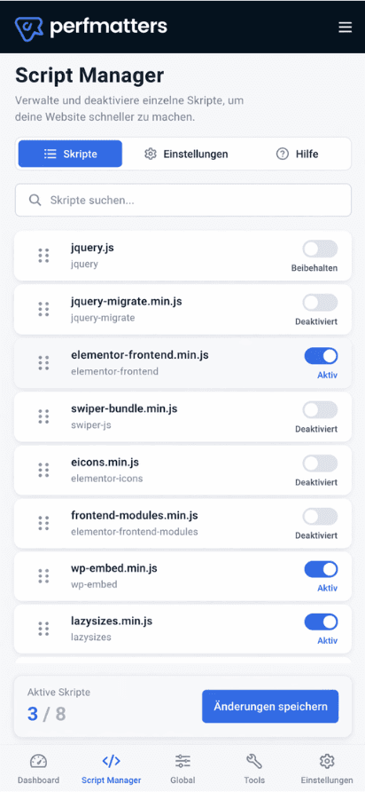 Mobile Perfmatters Script Manager Ansicht für Meister-Job